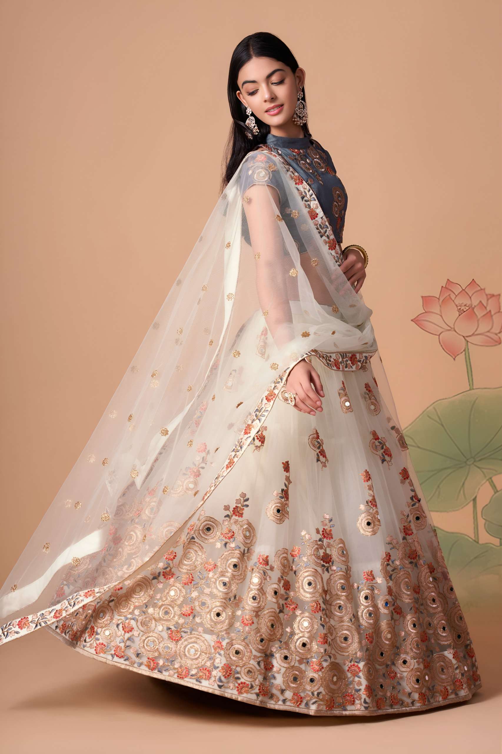 Ivory & Slate Grey Floral and Mirror work on net Lehenga Choli supplier in surat 7322 Off White  